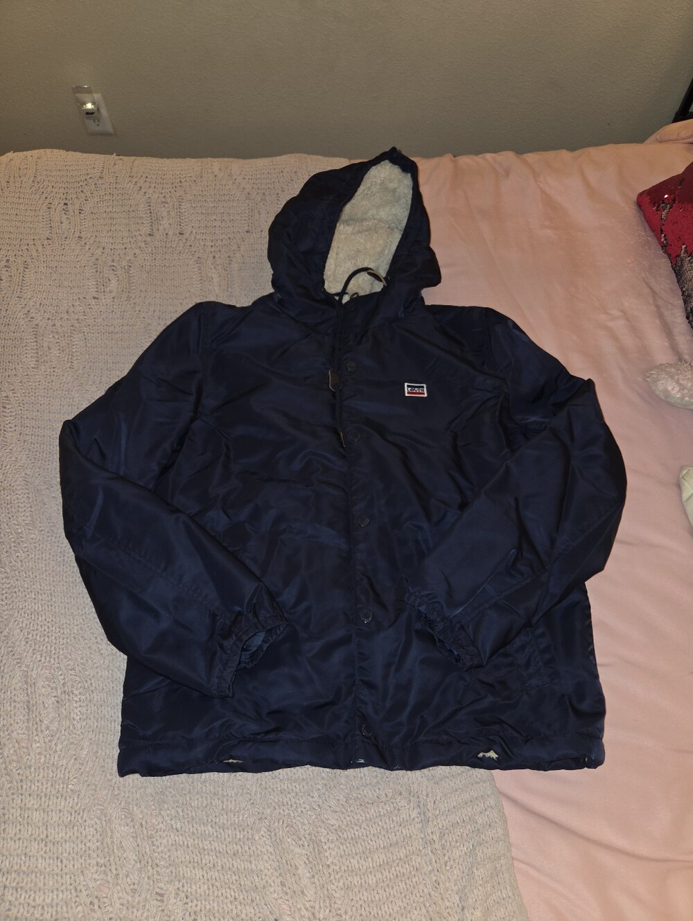 Men's Levi's Navy Hooded Coach Jacket with Sherpa Lining - Picture 3 of 8